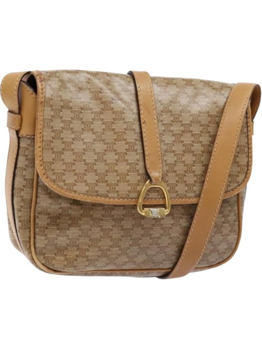 CELINE Macadam Canvas Shoulder Bag PVC Beige Gold